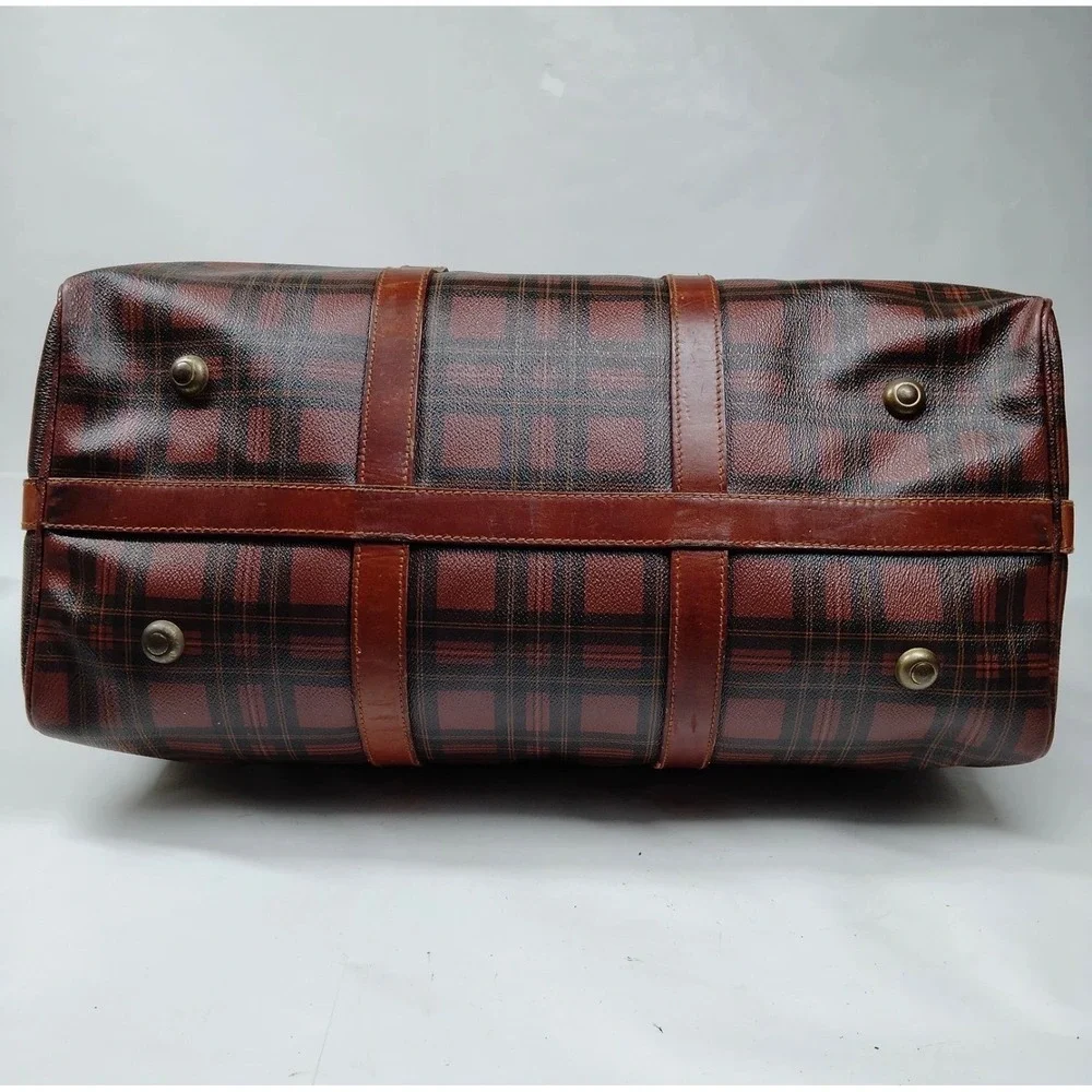 Polo Ralph Lauren Vintage‎ Plaid Duffle Bag Brown Canvas Leather Trim Large